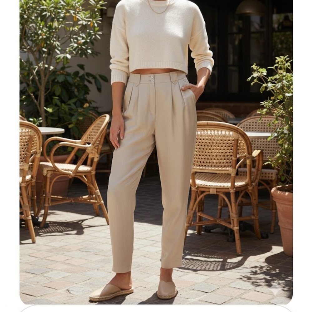Liz Claiborne Cream High-Waist Pleated Tapered Trousers size 10